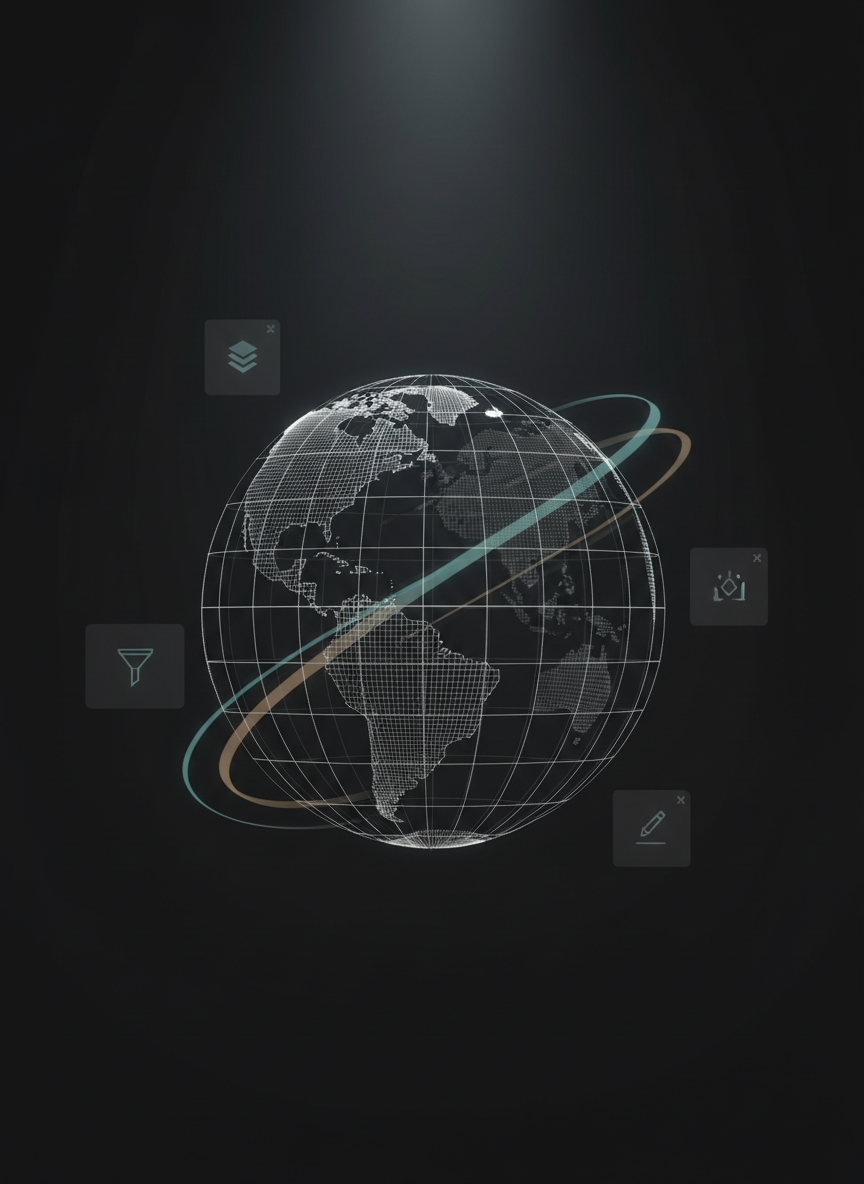 A dark charcoal background framing a floating, semi-transparent 3D globe composed of intersecting thin white latitude and longitude lines and softly glowing data arcs in desaturated teal and amber, representing global collaboration. Hovering around the globe are faint, rectangular UI panels with minimalist icons for layers, filters, and annotations, all rendered in subtle grayscale. A cool, focused spotlight from above and slightly behind creates a gentle halo around the sphere and delicate rim lighting on the arcs, fading into velvety darkness. Shot in a centered, front-facing composition with deep contrast and sharp focus on the globe, the atmosphere is precise, technical, and visionary, combining photographic realism with a clean, corporate, conceptual aesthetic.
