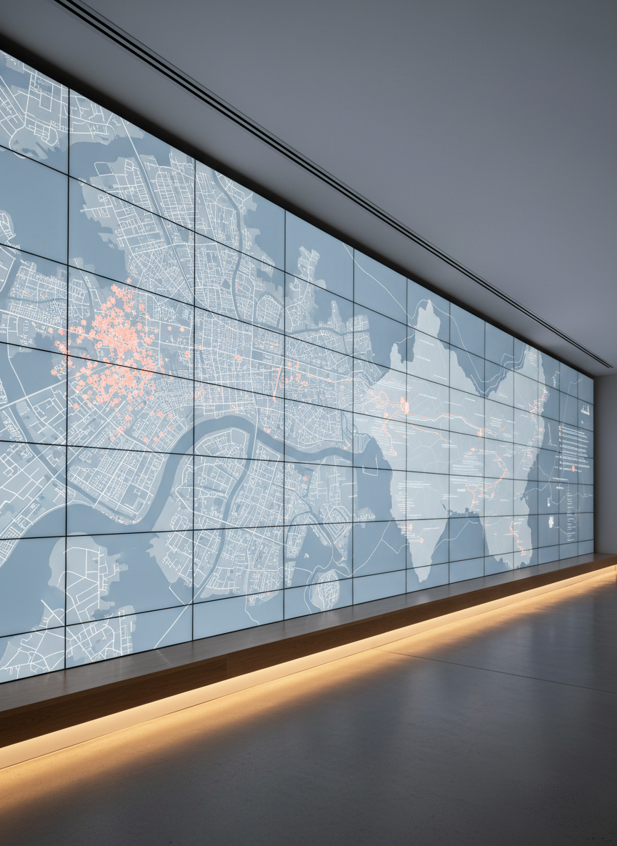 A long, built-in digital wall composed of seamlessly tiled, ultra-thin displays showing a continuous geospatial visualization that transitions from a detailed city map on the left to abstracted regional patterns on the right. Colors are restrained: slate blue water, soft gray land, and subtle coral highlights for key data clusters. A narrow bench of light oak runs along the base of the wall, completely empty, emphasizing minimalism. Indirect ceiling lighting washes the upper wall with a soft glow, while a linear floor light grazes the bench, creating refined horizontal lines. Captured from a low, wide-angle perspective that emphasizes the length and cohesion of the display, the mood is immersive yet composed, reflecting large-scale, collaborative visualization in a sophisticated corporate environment.