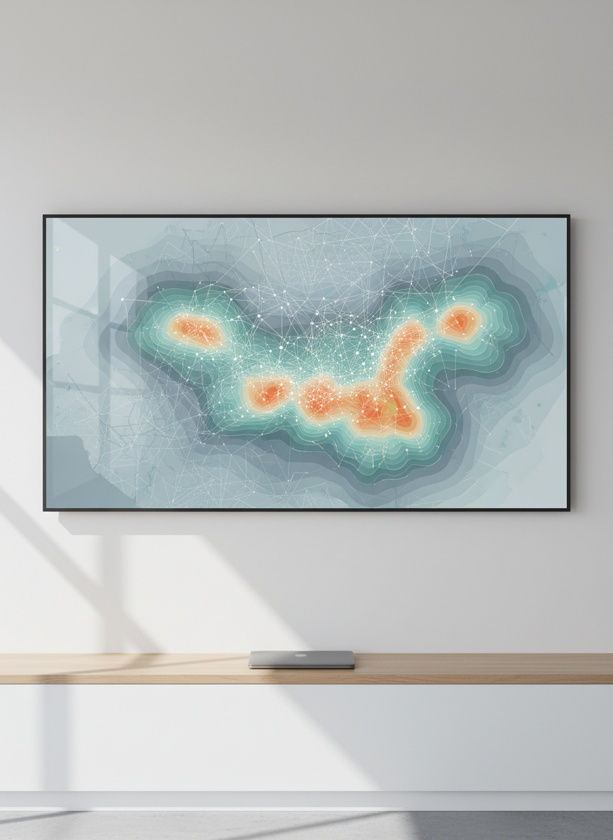 A large ultra-high-resolution wall display showing an intricate geospatial data visualization: layered translucent maps in soft blues and neutral grays, with precise node-link overlays and polygon heat zones in muted teal and amber. The display is mounted on a clean, matte white wall above a minimal light-wood console that holds a single closed graphite-gray laptop. Soft, diffused daylight enters from an unseen window, creating gentle reflections on the screen and subtle shadows under the console. Shot at eye level with a balanced, symmetrical composition and sharp focus. The mood is professional, calm, and analytical, with a photographic realism and corporate, minimalist aesthetic emphasizing clarity and structure.