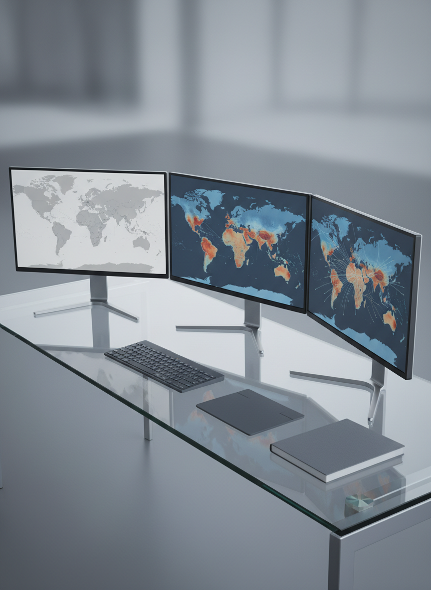 A sleek glass-topped workstation with three ultra-thin-bezel monitors arranged in a gentle arc, each displaying different synchronized geospatial dashboards: a monochrome base map, a layered heatmap, and a time-animated flow map in neutral blues and desaturated oranges. The desk surface is uncluttered, featuring only a wireless keyboard, a dark graphite trackpad, and a small, closed hardcover notebook in slate gray. Cool, even studio lighting highlights the clean lines and metallic textures, casting precise, soft-edged shadows. Captured from a slightly elevated three-quarter angle with rule-of-thirds framing and shallow depth of field, the background falls into a subtle blur of neutral gray. The scene conveys a focused, highly technical environment with a polished corporate aesthetic and photographic realism.
