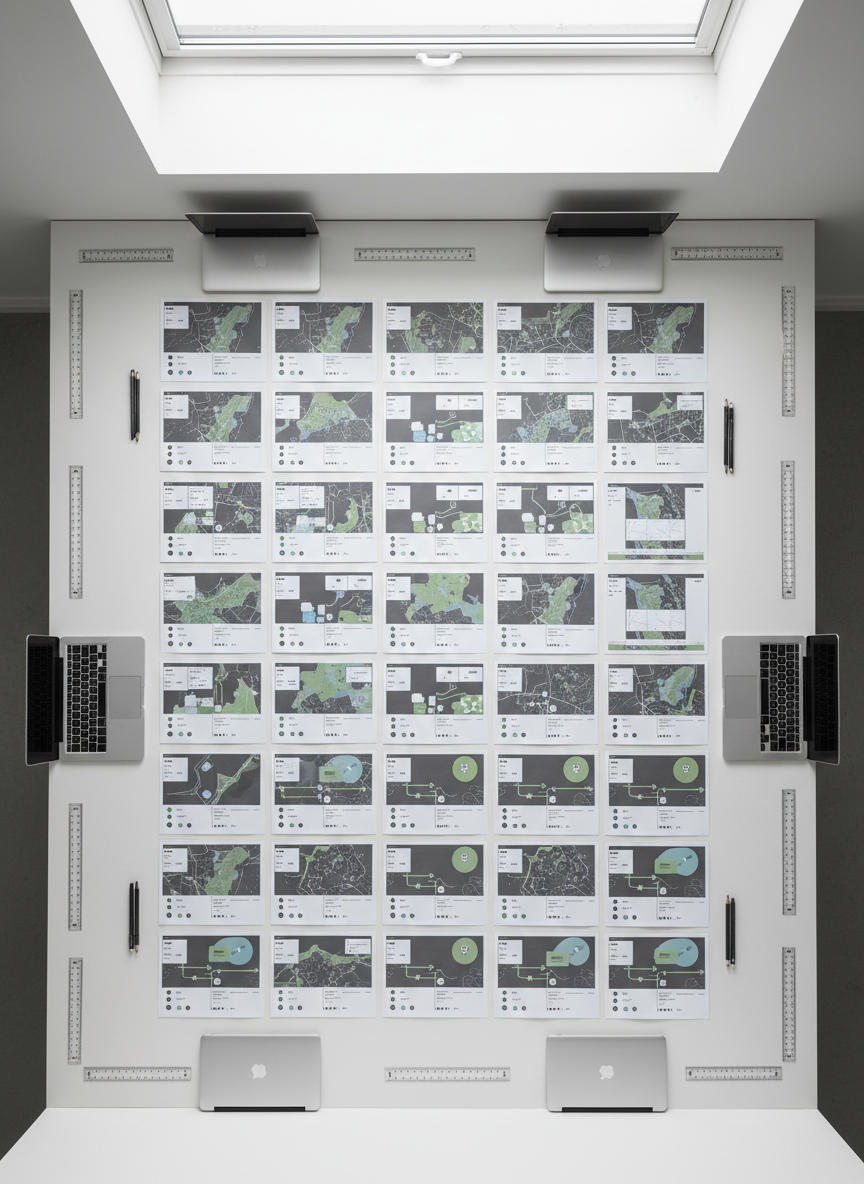 An overhead bird’s-eye view of a large, pristine white table covered with neatly arranged printed geospatial interface mockups. Each sheet shows different map-based layouts, legend designs, and interaction flows in a restrained palette of charcoal, soft blue, and muted green. Thin acrylic rulers, graphite mechanical pencils, and a silver laptop with its lid closed line the table edges in a precise grid. Soft overcast daylight from a skylight above creates uniform, shadow-free illumination, reinforcing a sense of clarity and order. The composition is carefully centered and symmetrical, with sharp focus across the entire frame. The mood is methodical and reflective, emphasizing structured design research and a clean, modern, photographic aesthetic.