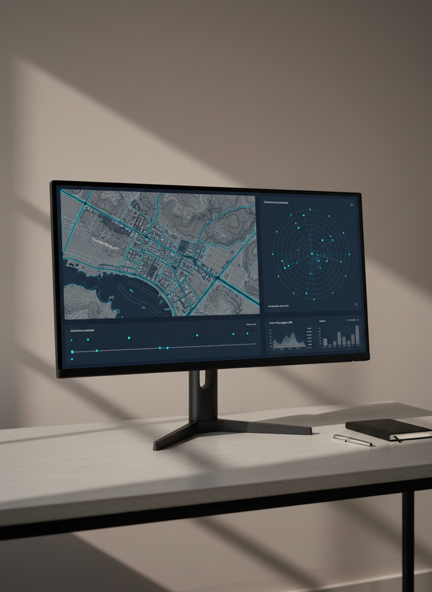 A single, large 4K monitor on a matte black stand displays a collaborative geospatial dashboard split into four coordinated views: a central map, a timeline, a network diagram, and a metrics panel, all using a restrained palette of cool grays, deep navy, and subtle cyan highlights. The monitor sits on a smooth, light concrete desk against a soft taupe wall, with a compact black notebook and a fine-line pen neatly aligned beside it. Directional side lighting from the left creates gentle gradients on the wall and precise shadows under the monitor stand. Captured at eye level with an asymmetric composition following the rule of thirds, the image has a calm, contemplative, and highly professional mood with clean photographic realism.